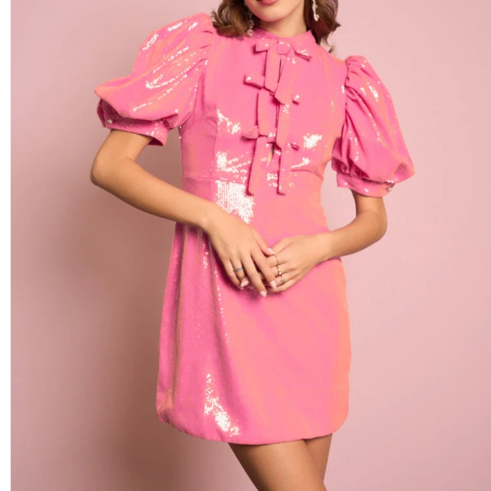 Sister Jane Pink Sequin Puff Sleeve Party Mini Dress CUTE S/M Bows Mod